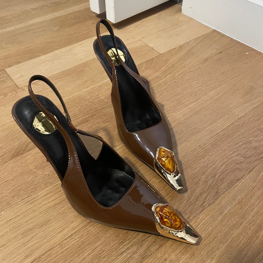 Elegant Brown Slingback Heels with Gold Accents